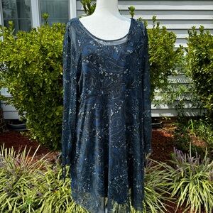 Style & Co Dress XXL Navy Blue Paisley Sheer‎ Dress Fully Lined With Tank Slip